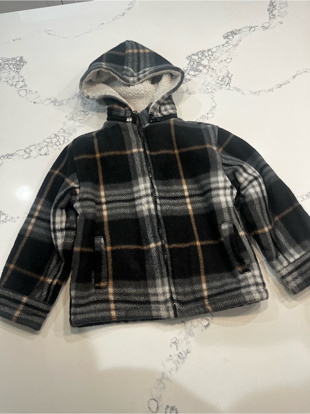 Kids' Black Plaid Hooded Sherpa-Lined Jacket